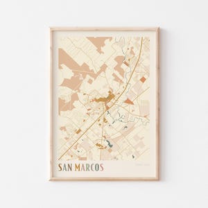 Plakat z mapą San Marcos, wydruk San Marcos, plakat San Marcos, sztuka ścienna San Marcos, Teksas, prezent podróżny, wydruk Boho