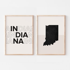 Lot de 2 impressions, impression de l'Indiana, affiche de carte de l'Indiana, impression de carte de l'Indiana, art mural bohème minimaliste, art mural de l'Indiana