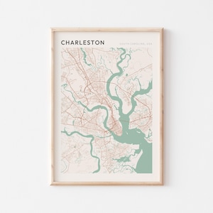 Charleston-kaartposter, Charleston-print, Charleston-poster, Charleston Wall Art, South Carolina, reiscadeau, minimalistische poster