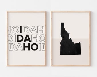 Juego de 2 impresiones de Idaho, impresión de Idaho, póster del mapa de Idaho, arte de pared minimalista bohemio con impresión del mapa de Idaho, arte de pared de Idaho