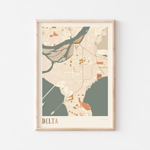 Affiche de carte Delta, art mural Delta, carte de la ville de Delta, affiche Delta, impression Delta, Delta Canada, art mural bohème, Colombie-Britannique, Delta BC