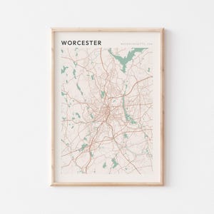 Affiche de carte de Worcester, impression de Worcester, affiche de Worcester, art mural de Worcester, Massachusetts, cadeau de voyage, art minimaliste