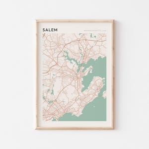 Affiche de carte de Salem, impression de Salem, affiche de Salem, art mural Salem, Massachusetts, cadeau de voyage, art minimaliste