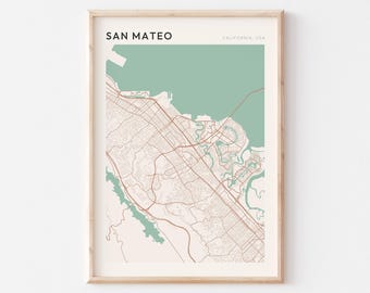 Póster con mapa de San Mateo, lámina de San Mateo, póster de San Mateo, arte mural de San Mateo, California, regalo de viaje, arte minimalista