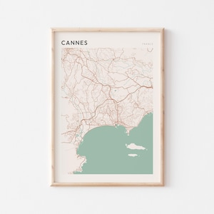 Póster de mapa de Cannes, impresión de Cannes, póster de Cannes, arte mural de Cannes, Francia, regalo de viaje, póster escandinavo