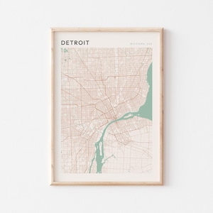 Affiche de carte de Detroit, impression de Detroit, affiche de Detroit, art mural de Detroit, Michigan, cadeau de voyage, impression de Scandi
