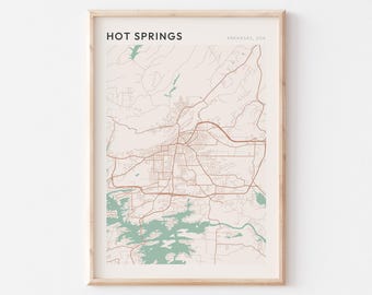 Affiche carte des sources chaudes, impression sources chaudes, affiche sources chaudes, art mural sources chaudes, Arkansas, cadeau de voyage, décoration murale ferme