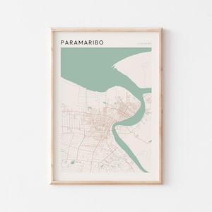 Affiche de carte de Paramaribo, impression Paramaribo, affiche Paramaribo, art mural Paramaribo, Suriname, cadeau de voyage, art minimaliste