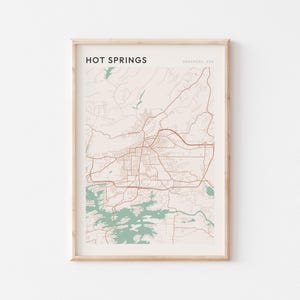 Affiche carte des sources chaudes, impression sources chaudes, affiche sources chaudes, art mural sources chaudes, Arkansas, cadeau de voyage, décoration murale ferme