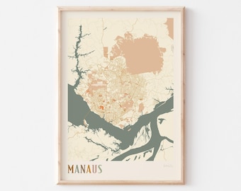 Mapa de Manaos, lámina de Manaos, póster de Manaos, arte mural de Manaos, Brasil, regalo de viaje, decoración bohemia