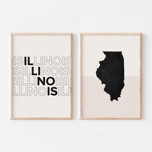 Lot de 2 impressions Illinois, impression Illinois, affiche de carte de l'Illinois, carte de l'Illinois impression art mural Boho minimaliste, art mural Illinois