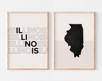 Illinois set van 2 prints, Illinois print, Illinois kaart poster, Illinois kaart print minimalistische boho muurkunst, Illinois muur kunst
