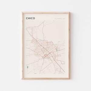 Affiche carte de Chico, impression Chico, affiche de Chico, art mural Chico, Californie, cadeau de voyage, décoration murale de ferme, cadeau College Girl
