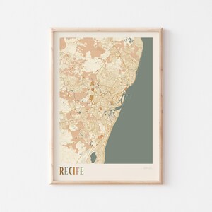 Póster con mapa de Recife, impresión de Recife, póster de Recife, arte mural de Recife, Brasil, regalo de viaje, decoración bohemia