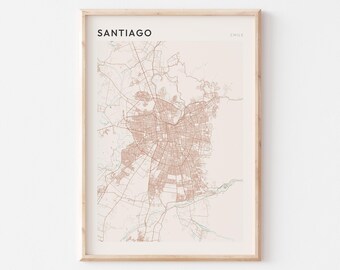 Póster con mapa de Santiago, lámina de Santiago, póster de Santiago, arte mural de Santiago, Chile, regalo de viaje, arte minimalista