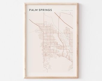 Póster con mapa de Palm Springs, lámina de Palm Springs, póster de Palm Springs, arte de pared de Palm Springs, California, regalo de viaje, decoración de pared estilo casa de campo