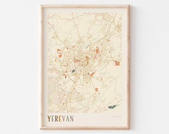 Kaartposter van Jerevan, afdrukken van Jerevan, poster van Jerevan, kunst aan de muur van Jerevan, Armenië, reiscadeau, bohokunst aan de muur