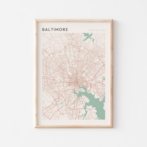 Póster con mapa de Baltimore, impresión de Baltimore, póster de Baltimore, arte mural de Baltimore, Maryland, regalo de viaje, arte minimalista