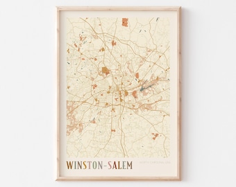 Plakat z mapą Winston-Salem, wydruk Winston-Salem, plakat Winston-Salem, sztuka ścienna Winston-Salem, Karolina Północna, prezent podróżny, wystrój boho