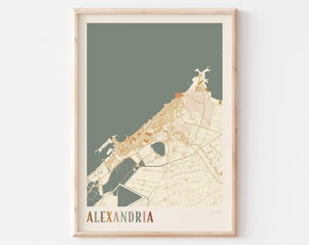 Plakat z mapą Aleksandrii, wydruk z Aleksandrii, plakat z Aleksandrii, sztuka ścienna z Aleksandrii, Egipt, prezent podróżny, wystrój boho