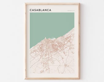 Mapa de Casablanca, Lámina de Casablanca, Póster de Casablanca, Arte mural de Casablanca, Marruecos África, Regalo de viaje, Arte minimalista