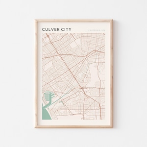 May include: A framed map print of Culver City, California, USA. The map features a network of brown roads and streets against a beige background. The text "CULVER CITY" is at the top, with "CALIFORNIA, USA" below it.