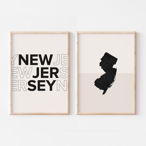 Lot de 2 impressions New Jersey, impression New Jersey, affiche de carte du New Jersey, impression de carte du New Jersey, art mural bohème minimaliste, art mural New Jersey