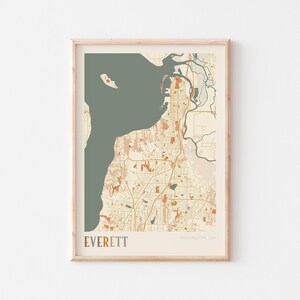 Póster con mapa de Everett, impresión de Everett, póster de Everett, arte mural de Everett, Washington, regalo de viaje, decoración bohemia