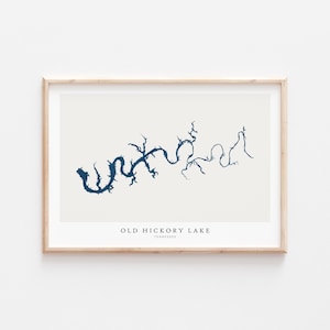 May include: A minimalist print of Old Hickory Lake in Tennessee. The lake is depicted in a dark blue outline on a light beige background. The name of the lake and state are printed in black text below the lake.