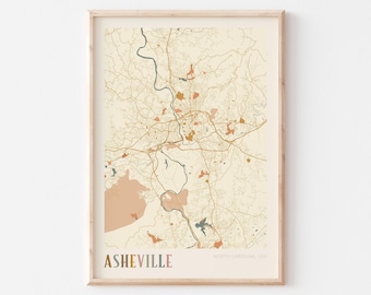 Poster con mappa di Asheville, stampa di Asheville, poster di Asheville, decorazione murale di Asheville, Carolina del Nord, regalo di viaggio, arredamento boho
