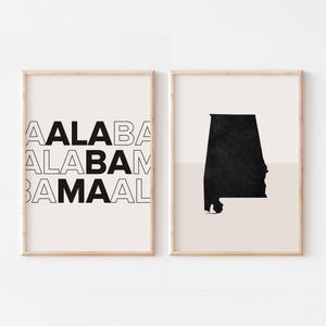 Lot de 2 impressions Alabama, impression Alabama, affiche de carte de l'Alabama, impression de carte de l'Alabama, art mural bohème minimaliste, art mural Alabama