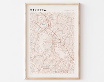Plakat z mapą Marietty, wydruk z Marietty, plakat z Marietty, sztuka ścienna z Marietty, Georgia, prezent podróżniczy, dekoracja ścienna do domu w stylu wiejskim, wystrój pokoju w akademiku