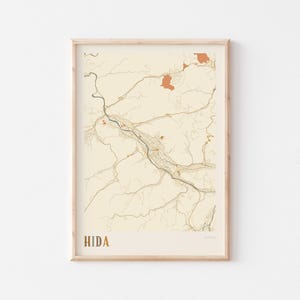 Póster del mapa de Hida, lámina de Hida, póster de Hida, arte mural de Hida, Japón, regalo de viaje, póster bohemio