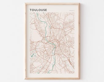 Mapa de Toulouse, Lámina de Toulouse, Póster de Toulouse, Arte mural de Toulouse, Francia, Regalo de viaje, Póster escandinavo
