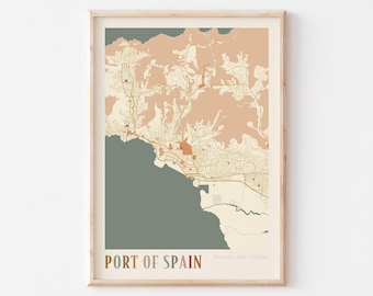 Póster con mapa de Puerto España, lámina de Puerto España, póster de Puerto España, decoración de pared de Puerto España, Trinidad y Tobago, regalo de viaje, póster bohemio