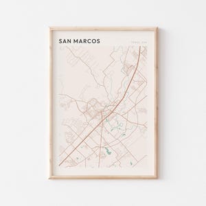 Plakat z mapą San Marcos, wydruk San Marcos, plakat San Marcos, sztuka ścienna San Marcos, Teksas, prezent podróżny, wydruk minimalistyczny