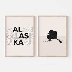 Lot de 2 impressions, impression de l'Alaska, affiche de carte de l'Alaska, impression de carte de l'Alaska, art mural bohème minimaliste, art mural Alaska