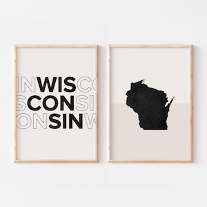 Lot de 2 impressions Wisconsin, impression Wisconsin, affiche de carte du Wisconsin, impression de carte du Wisconsin art mural bohème minimaliste, art mural Wisconsin