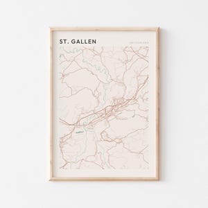 Affiche de carte de Saint-Gall, impression de Saint-Gall, affiche de Saint-Gall, art mural Saint-Gall, Suisse, cadeau de voyage, impression minimaliste