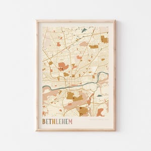 Póster con el mapa de Belén, impresión de Belén, póster de Belén, arte mural de Belén, Pensilvania, regalo de viaje, decoración bohemia