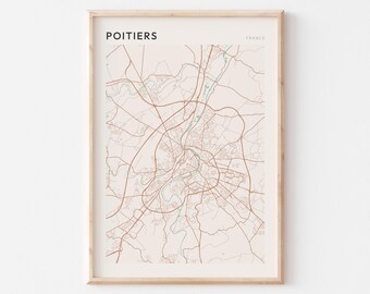 Póster con mapa de Poitiers, impresión de Poitiers, póster de Poitiers, arte mural de Poitiers, Francia, regalo de viaje, póster escandinavo