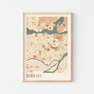 Póster con mapa de Burnaby, arte mural de Burnaby, mapa de la ciudad de Burnaby, póster de Burnaby, impresión de Burnaby, Burnaby, Canadá, arte mural bohemio, Columbia Británica