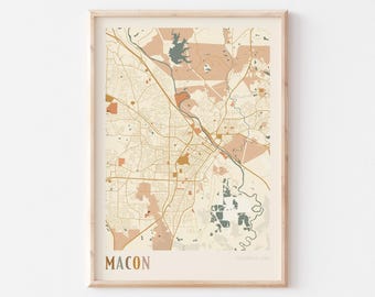 Plakat z mapą Macon, wydruk Macon, plakat Macon, sztuka ścienna Macon, Georgia, prezent podróżniczy, wydruk boho, prezent dla historyka