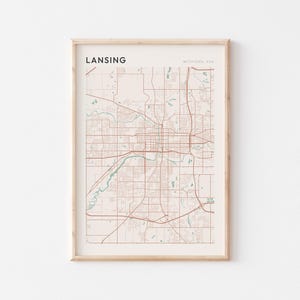 Affiche de carte de Lansing, impression Lansing, affiche Lansing, art mural Lansing, Michigan, cadeau de voyage, impression Scandi
