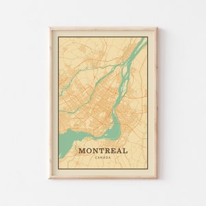 Affiche de carte vintage de Montréal, art mural de Montréal, plan de la ville de Montréal, affiche de Montréal, Montréal, voyage à Montréal, Montréal Canada, carte du Québec