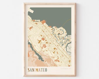 Póster con mapa de San Mateo, lámina de San Mateo, póster de San Mateo, arte mural de San Mateo, California, regalo de viaje, póster bohemio