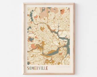 Affiche de carte de Somerville, impression de Somerville, affiche de Somerville, art mural de Somerville, Massachusetts, cadeau de voyage, impression bohème