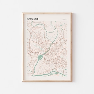 Póster con mapa de Angers, impresión de Angers, póster de Angers, arte mural de Angers, Francia, regalo de viaje, póster escandinavo