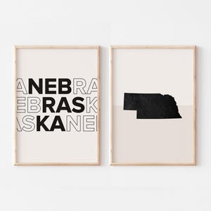 Lot de 2 tirages Nebraska, impression Nebraska, affiche de carte du Nebraska, impression de carte du Nebraska art mural bohème minimaliste, art mural Nebraska