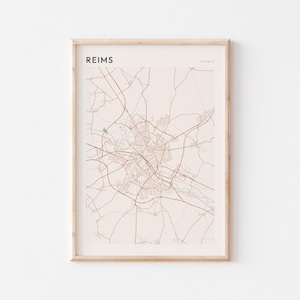Póster con mapa de Reims, impresión de Reims, póster de Reims, arte mural de Reims, Francia, regalo de viaje, póster escandinavo